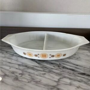 Pyrex Town & Country Divided Dish Brown Orange Oval Baker Cat Glass Vintage 60s
